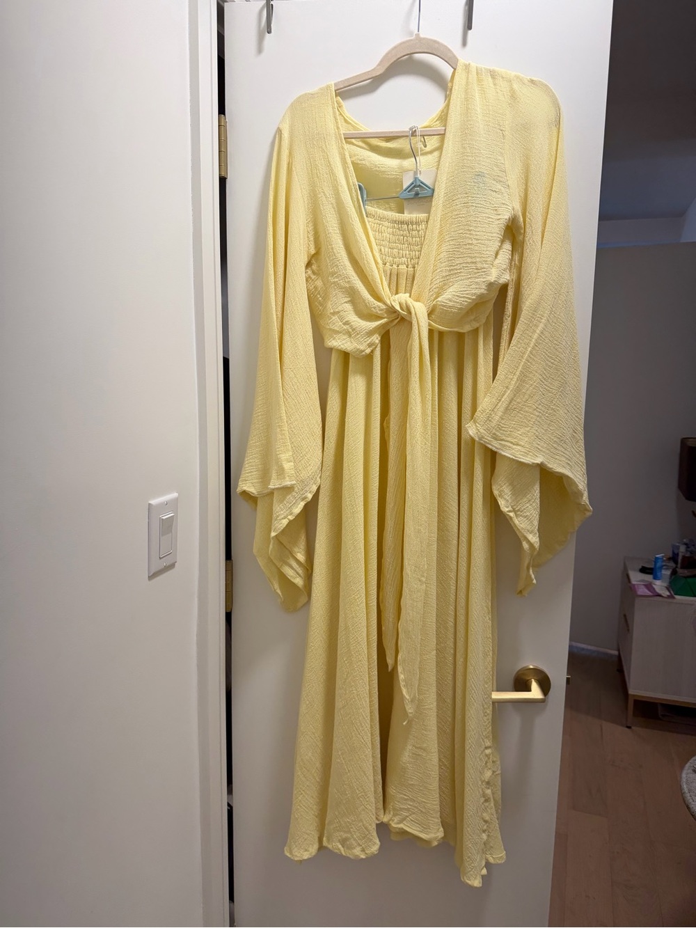 NWT Sandmade Sun Yellow Gauze Flutter Sleeve Top & Slit Skirt Set - OSFM